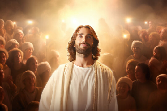 Jesus Christ in white clothes and loving peaceful face teaching crowd in heaven light