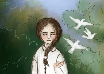 Dziewczynka w warkoczu i rozwianymi włosami, ilustracja dziecka © Anna