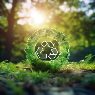 Emphasizing environmental sustainability, this image with a circular economy icon on a natural setting advocates for sustainable business growth through renewable and reusable resources.