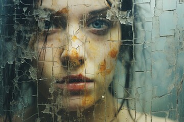 Beautiful woman portrait shot through cracked glass window. Generative Ai - obrazy, fototapety, plakaty