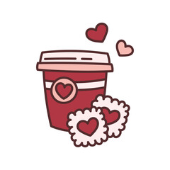 Coffee and cookies for a loved one. Kawaii doodle icon for Valentine's Day