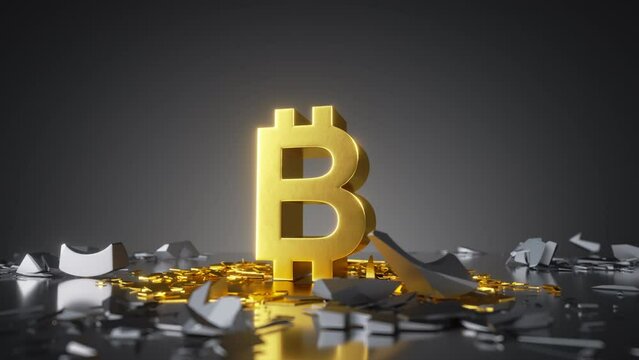 3d animation. Abstract financial background, gold bitcoin symbol falls down, broken obstacles fly apart, currency exchange rate concept. Business metaphor