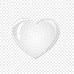 Transparent heart. Valentines day. Soap bubble, crystal glass heart. Beauty product, moisture, skincare transparent bubbles top view, scatter splashes - obrazy, fototapety, plakaty