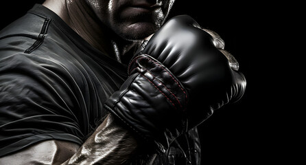 man's clenched fist wearing a black boxing glove with red stitching is shown, emphasizing strength and fighting spirit - obrazy, fototapety, plakaty