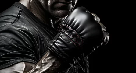 Foto op Plexiglas man's clenched fist wearing a black boxing glove with red stitching is shown, emphasizing strength and fighting spirit © weerasak