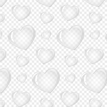 Seamless pattern transparent water bubble hearts. Valentines day.Soap bubble, crystal glass ball. Beauty product, moisture, skincare transparent bubbles top view, scatter splashes
