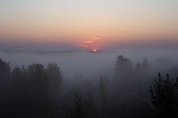 Foggy dawn, bright sunny morning in the mystery of fog