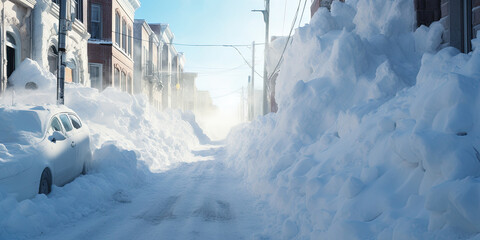 A city street covered in snow after a heavy snowfall. Car in a snowdrift.