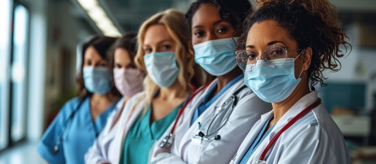 Diverse team of doctors and nurses posing together, wearing masks in a clinic. - obrazy, fototapety, plakaty
