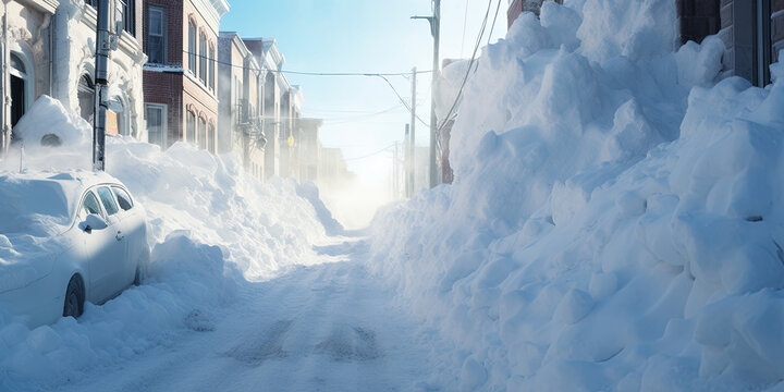 A city street covered in snow after a heavy snowfall. Car in a snowdrift.