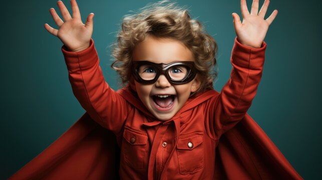 Kid wearing superhero mask with hands raised on blue background