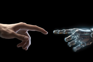 Illustrating the harmony of man and machine, this image depicts the tactile connection between a human and a robotic finger, a metaphor for technological coexistence. - obrazy, fototapety, plakaty