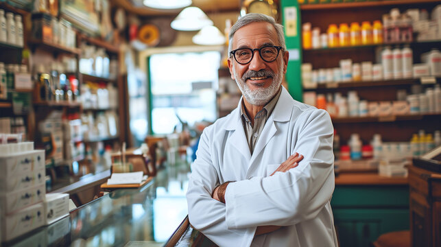 Smiling male pharmacist in drugstore store Generative AI	
