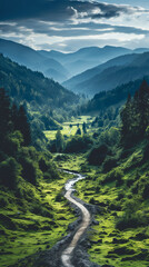 Forest road with green moss and grass in the mountains.