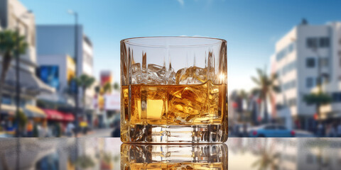 Glass of whiskey or scotch with ice cube on resort hotel background.