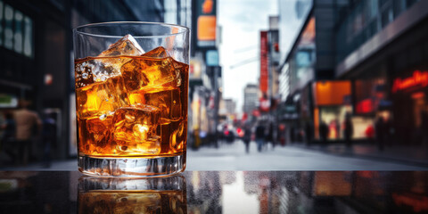 Glass of whiskey or scotch with ice cube on city street background. Free space for product placement or advertising text.