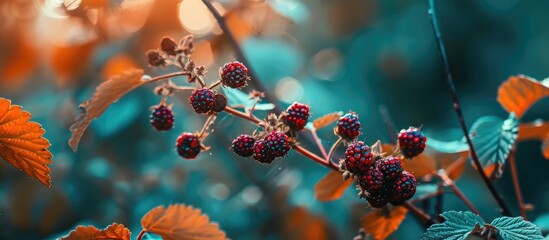 Blurred background close-up of blackberry bush branch with leaves. - obrazy, fototapety, plakaty