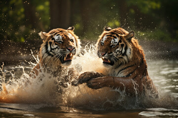 Fototapeta na wymiar tigers fighting in the nature