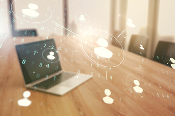Double exposure of social network icons concept with modern laptop on background. Marketing and...