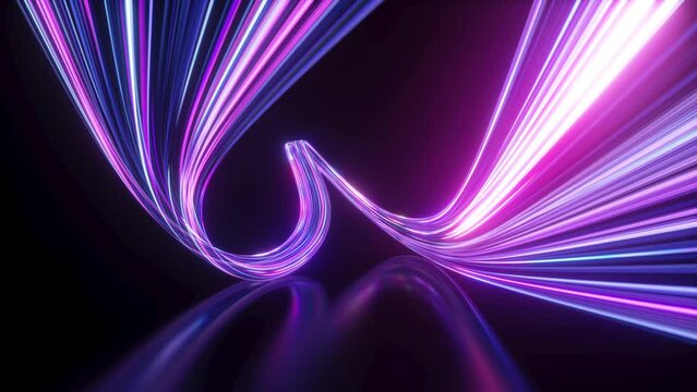 cycled 3d animation. Dynamic neon lines glowing in the dark room with floor reflection. Virtual flowing data stream. Abstract background of fluorescent ribbon loop. Fantastic minimalist wallpaper