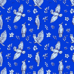 Cockatoo, tropical bird, parrot. Seamless pattern design, vector illustrations, sketches.