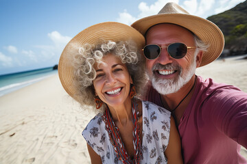 Pareja de mujer y hombre felices y enamorados  de 60 años, haciendose un selfie en una playa paradisiaca, con gorros de paja. Concepto celebraciones, vacaciones, aniversarios, San Valentin - obrazy, fototapety, plakaty