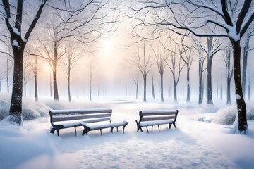A serene scene capturing a winter park bathed in the soft hues of dawn, with snow-covered pathways, frosty benches, and a tranquil ambiance amidst gently falling snow