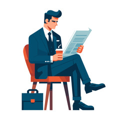 Sitting businessman reading news and drinking coffee flat design vector illustration.