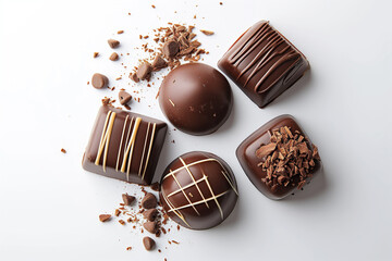 Assorted chocolates on a white background, valentines day