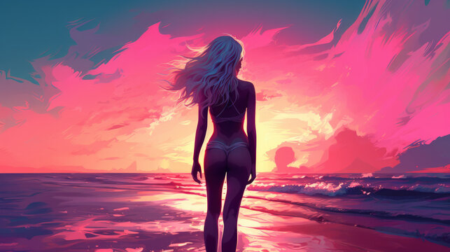 Illustration with back full body view of a caucasian blonde young woman wearing a sexy bikini swimwear looking at sunset on the beach