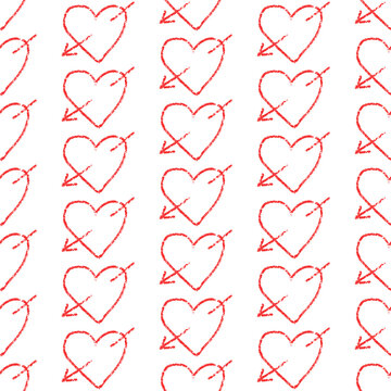Simpler red heart seamless pattern for Valentine's day. Wax Charcoal pastel painting. Grunge hearts with arrows on white background. Vector illustration, Crayon texture picture