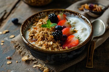 A bowl of cereal with milk and fruit and nuts. Great for stories about health, nutrition, dieting, cholesterol, fitness and more.