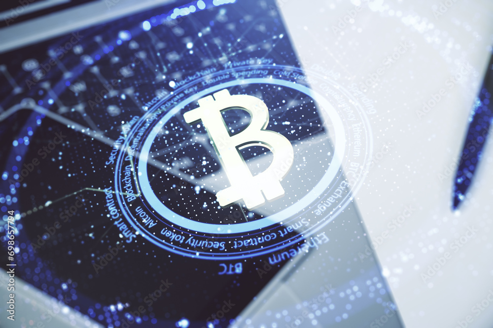Poster double exposure of creative bitcoin symbol with modern laptop on background. cryptocurrency concept