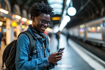 Young smiling man using smartphone on train station - obrazy, fototapety, plakaty