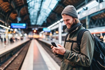 Young smiling man using smartphone on train station - obrazy, fototapety, plakaty
