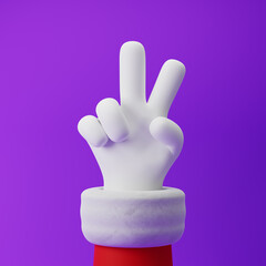 Santa Claus cartoon hand showing two fingers or victory gesture isolated over purple background. Christmas concept. 3d rendering.