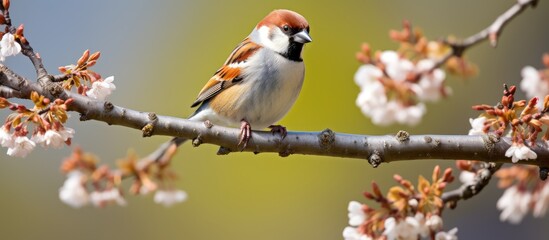 A single tree sparrow was spotted on a branch in Warwickshire in April 2012. - obrazy, fototapety, plakaty