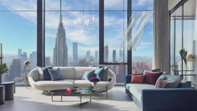 family room and lounge room in the building with beautiful city views