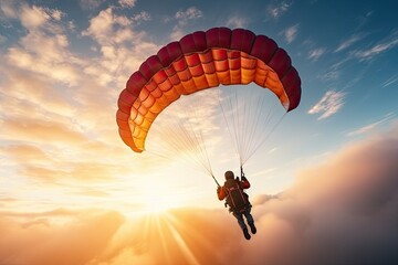 paraglider silhouette at sunset - obrazy, fototapety, plakaty