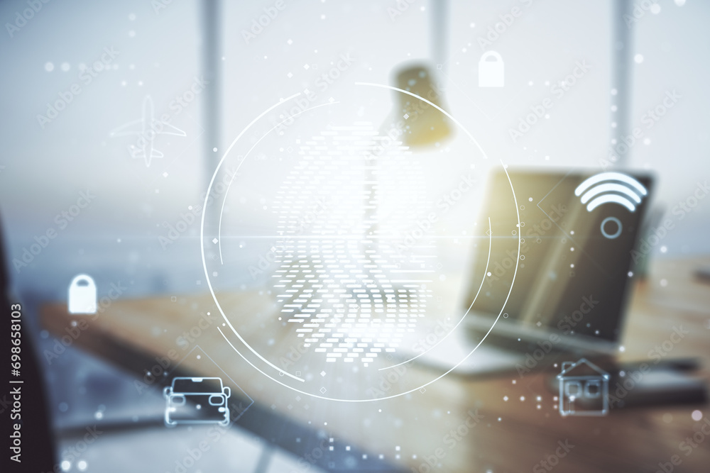 Poster double exposure of abstract creative fingerprint hologram on laptop background, research and develop