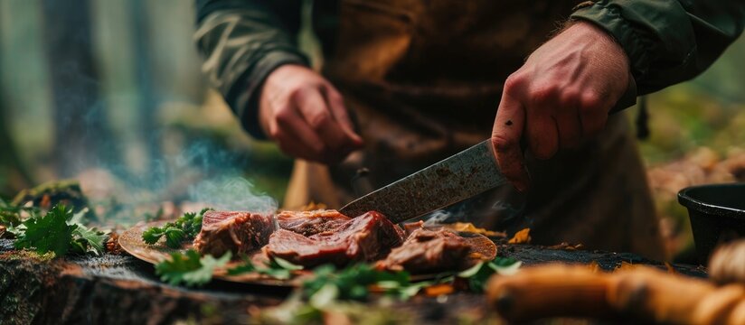 A hunter prepares deer meat using a knife.
