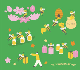 Vector set of cute bee character illustrations on green background