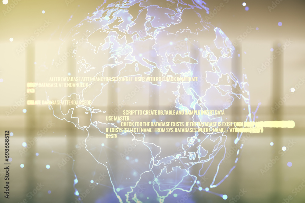 Poster double exposure of abstract programming language hologram and world map on empty modern office backg