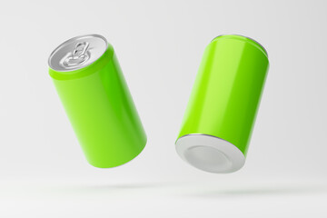 Falling green aluminum soda cans isolated over white background. Mockup template. 3d rendering.