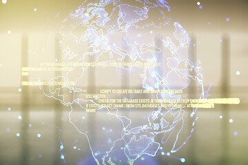 Double exposure of abstract programming language hologram and world map on empty modern office background, research and development concept