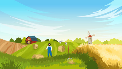 A beautiful backgrounds with a wheatfield, with a barn and a watermill in the distance. In the field, a farmer holds a pitchfork, stacks hay, cows in the distance. Vector illustration.