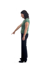 side view of a woman pointing and looking down on white background