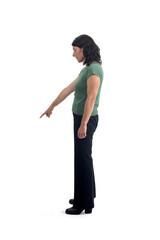 side view of a woman pointing and looking down on white background © Curto