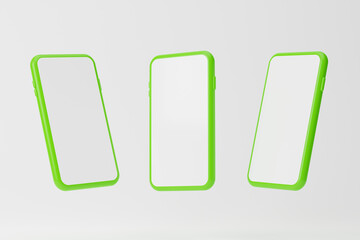 Green clay smartphones with blank screen isolated over white background. Mockup template. 3d rendering.