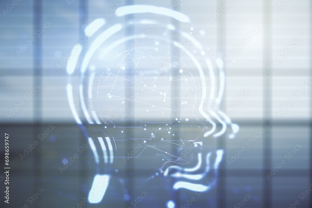 Aufkleber abstract virtual artificial intelligence interface with human head hologram on empty corporate offic